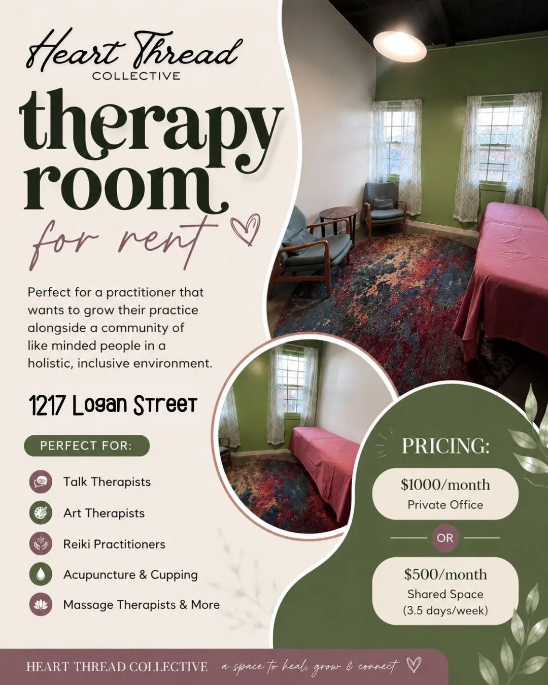 Looking for a beautiful, grounded space to grow your practice? 💖✨

We currently have a therapy/healing room available inside Heart Thread Collective. It&rsquo;s perfect for practitioners who want to work alongside a community of like-minded people i