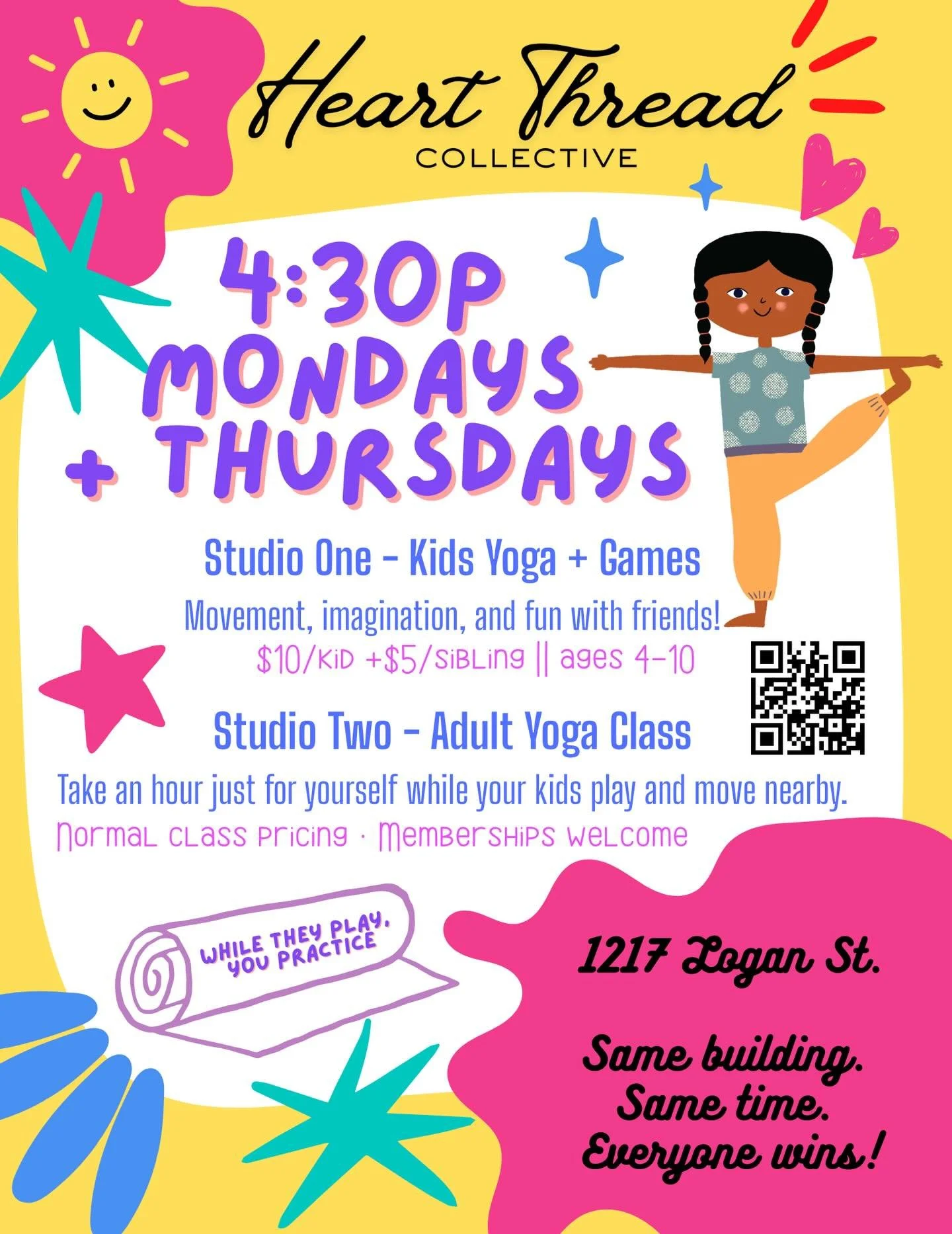 🚨NEW KIDS YOGA! 🧒🏽👧🏼
They play while you practice! Every Monday and Thursday at 4:30pm studio 1 is for kids yoga + games, and studio 2 is for YOU!