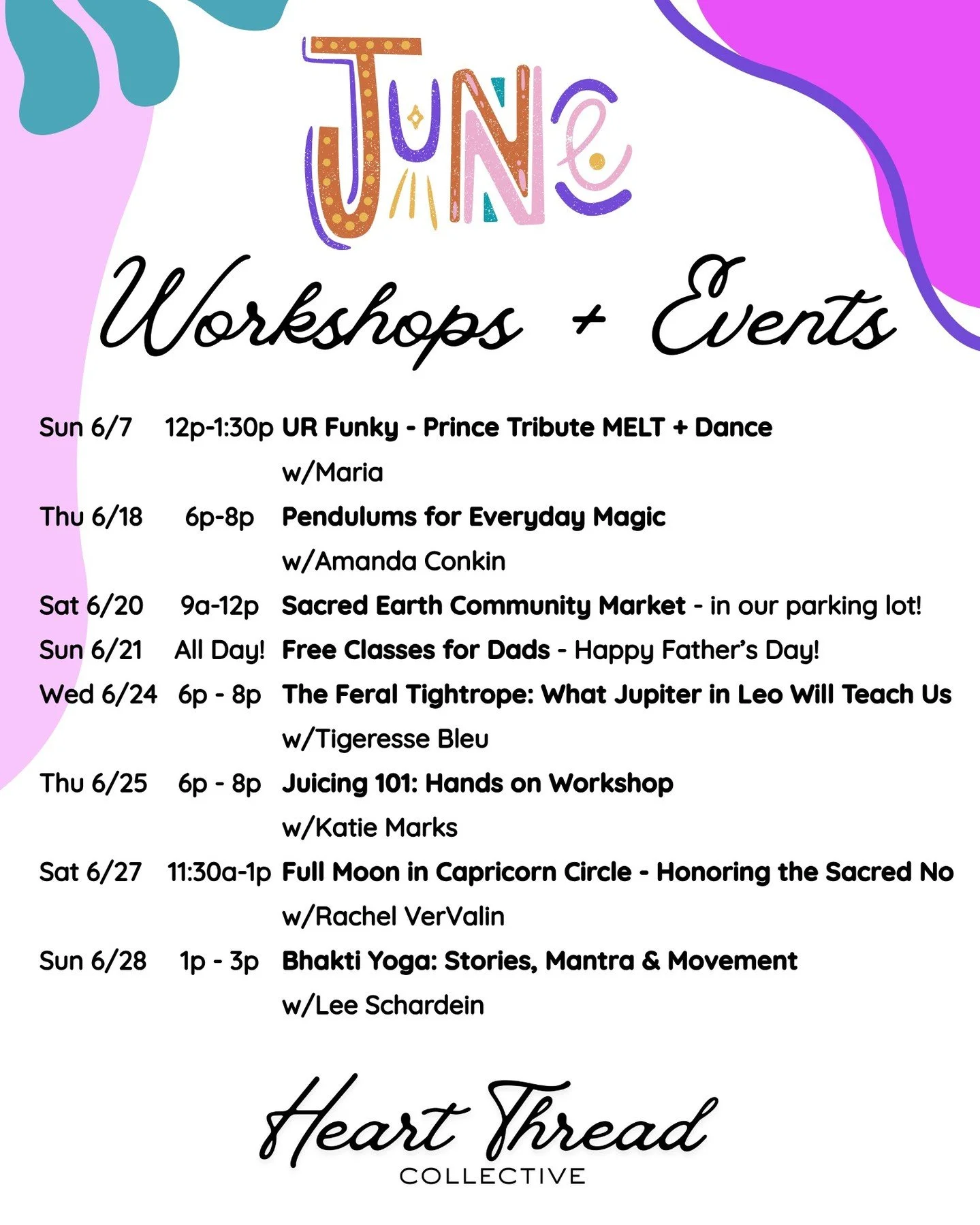 Come learn something woo-woo with us. 💖✨
Seriously! Haha, June at HTC is full of opportunities to gather, move, rest, connect, and follow your curiosity. Whether you're drawn to the Full Moon, pendulums, yoga, sound healing, or simply being around p