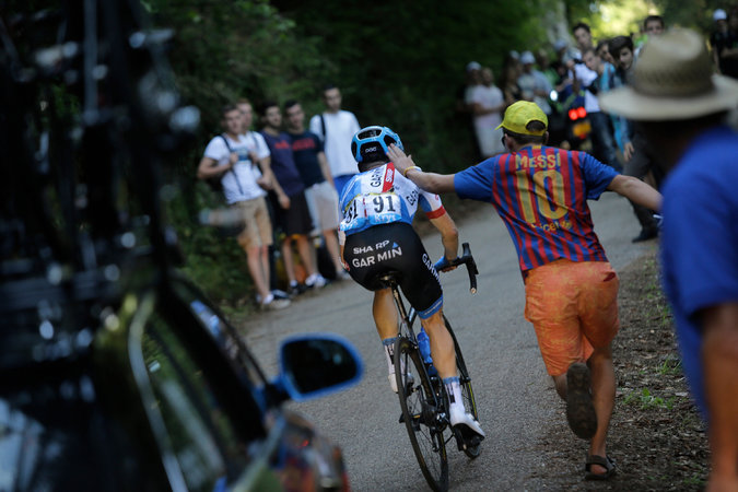 Andrew Talansky finishing the 8th stage of the 2014 Tour de France. Photo credit: Laurence Cipriani/Associated Press