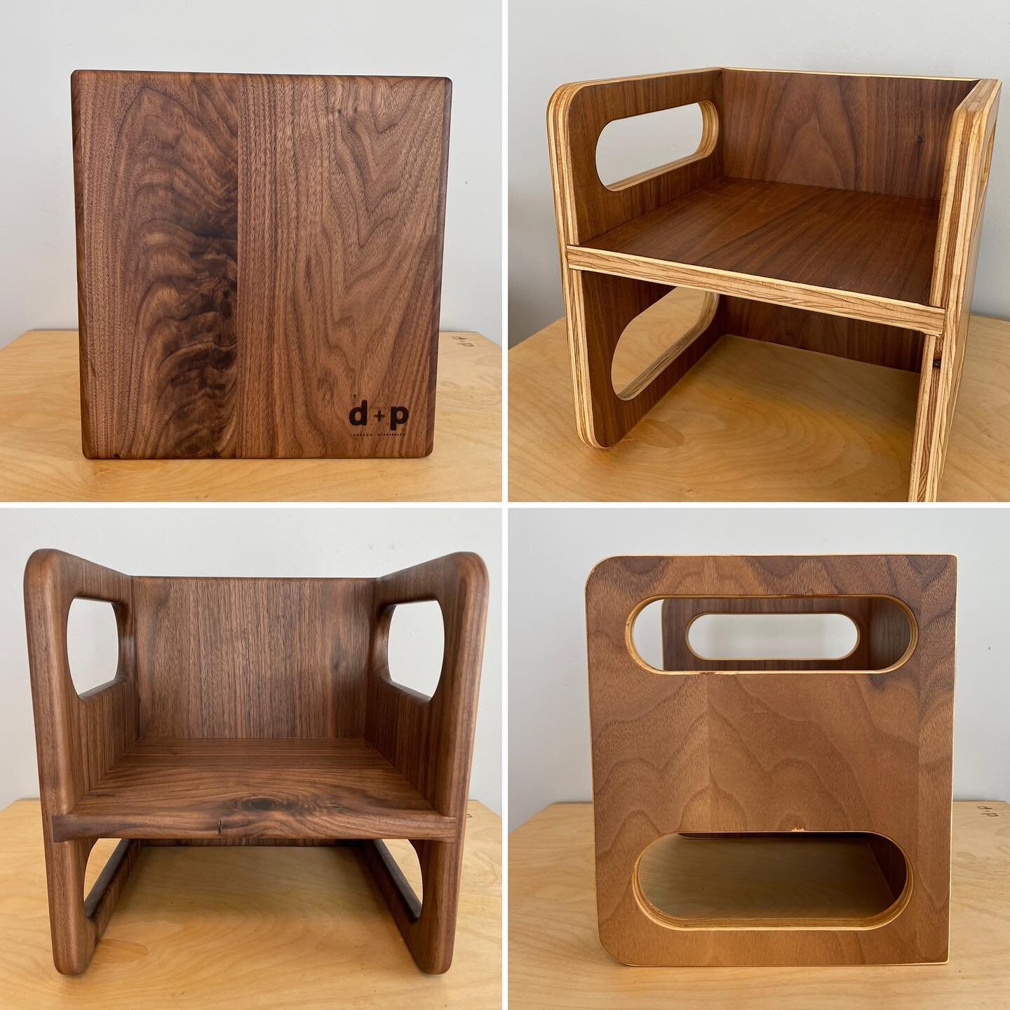 We have 4 ready to ship Ella Adams Montessori style kids chairs available! Two solid walnut, two walnut plywood. Link to our Etsy shop in bio. #dpluspdesignbuild #ellaadamskidschair