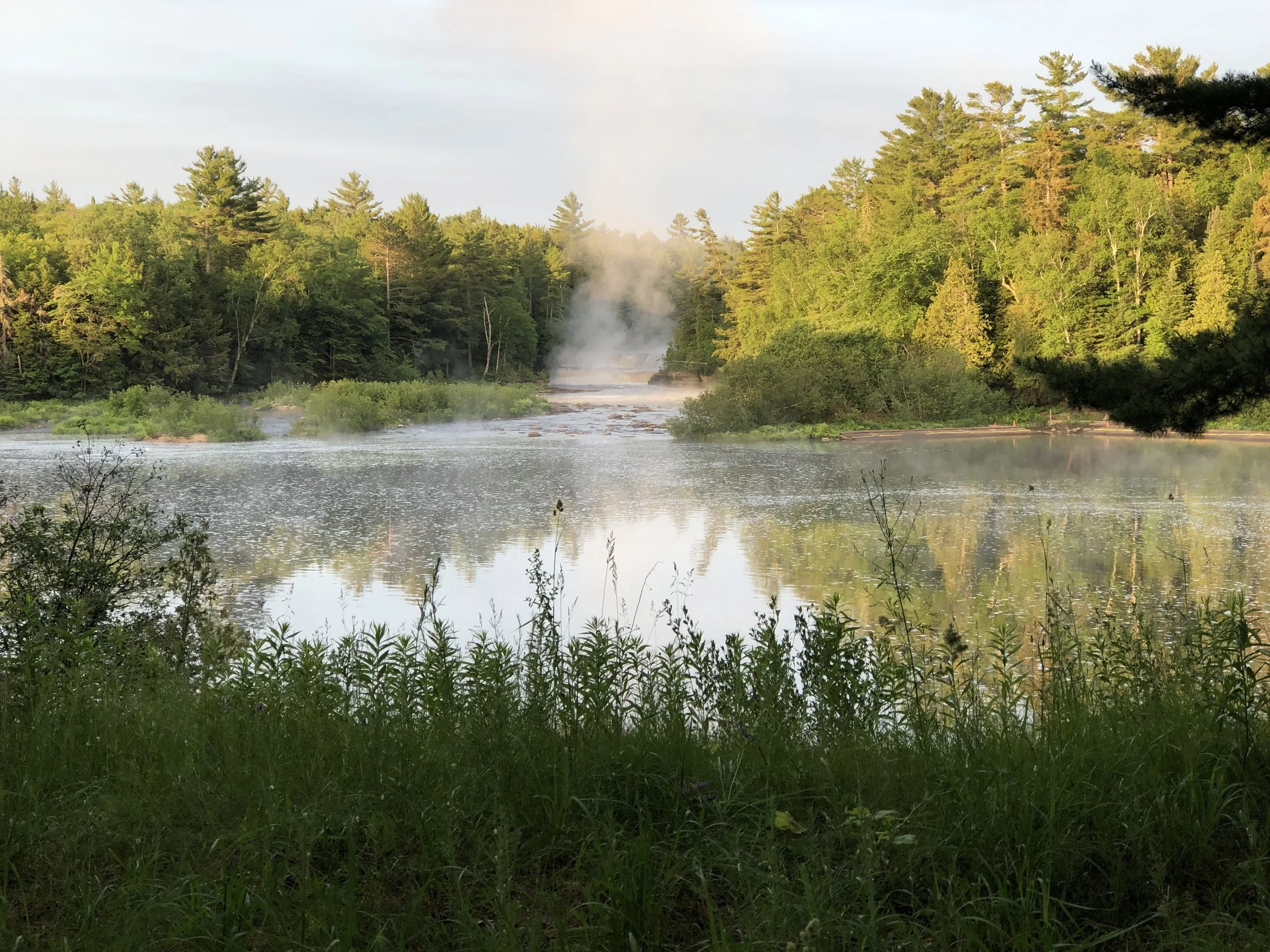 The still river surface downstream of the misty falls.
