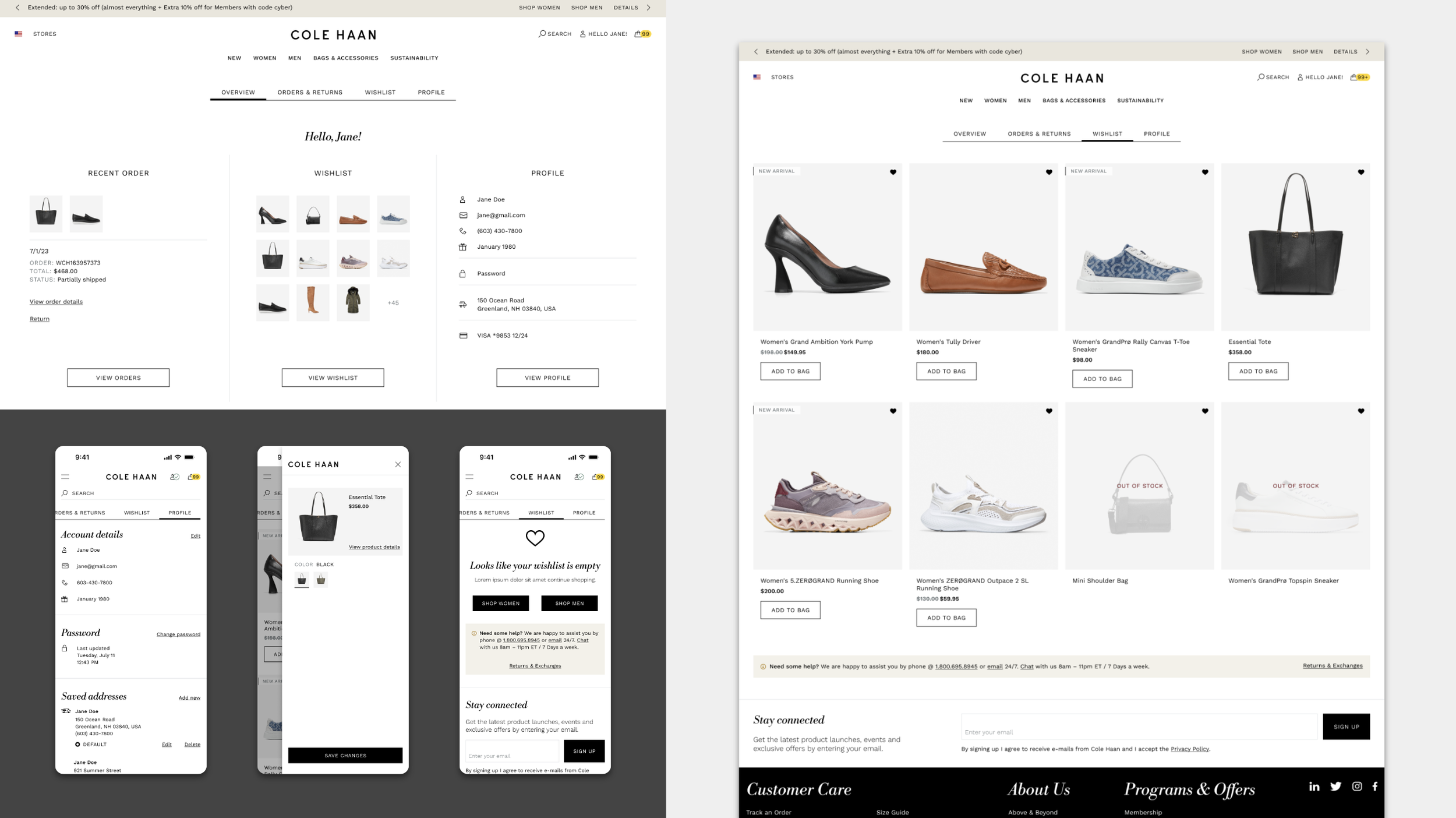 The upgraded account dashboard allows for a visual view of past orders and wishlist items and maximizes the profile editing flow for efficiency.