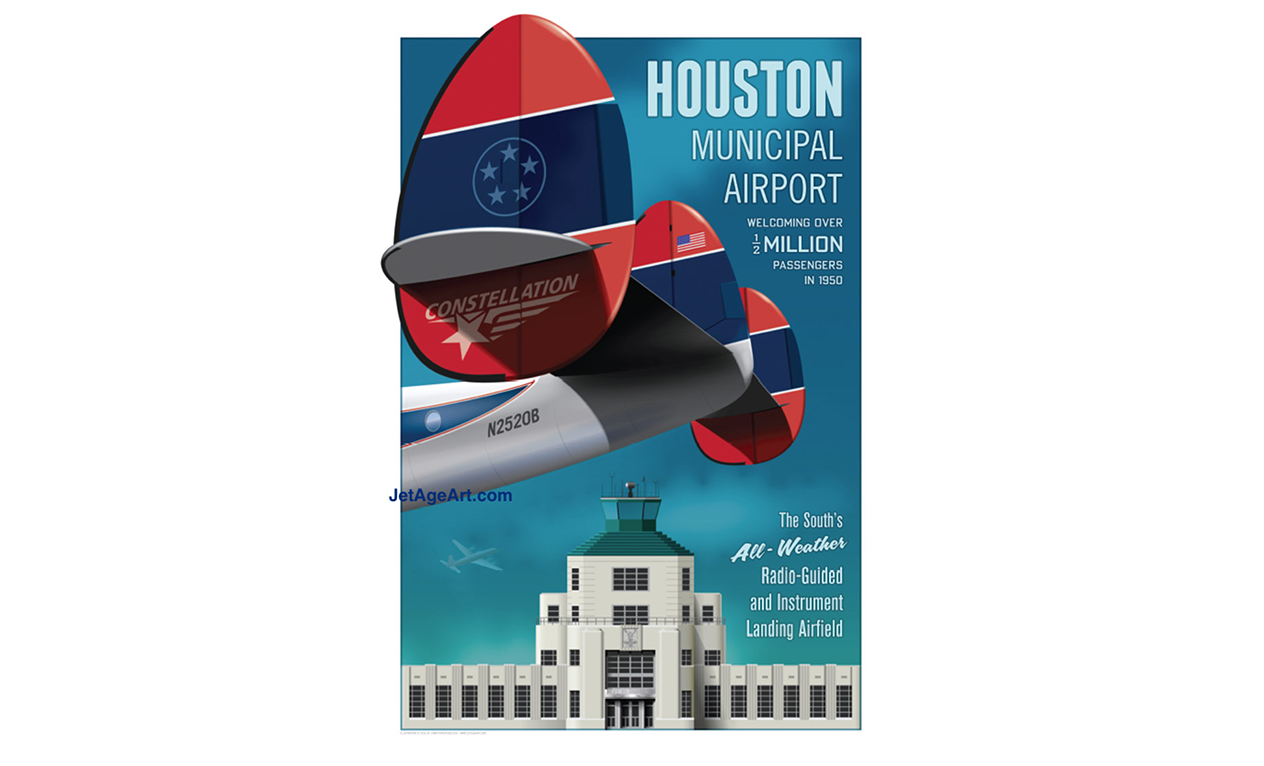 HOU HOUSTON AIRPORT TRAVEL AIRPORT POSTER 14/" x 20/" by Chris Bidlack//Jet Age Art