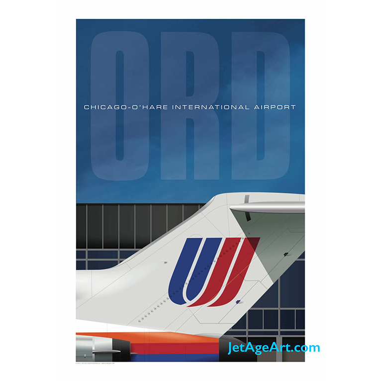 reaktion Snavset Overskyet ORD Chicago O'Hare Airport Poster – United 727 — Jet Age Art