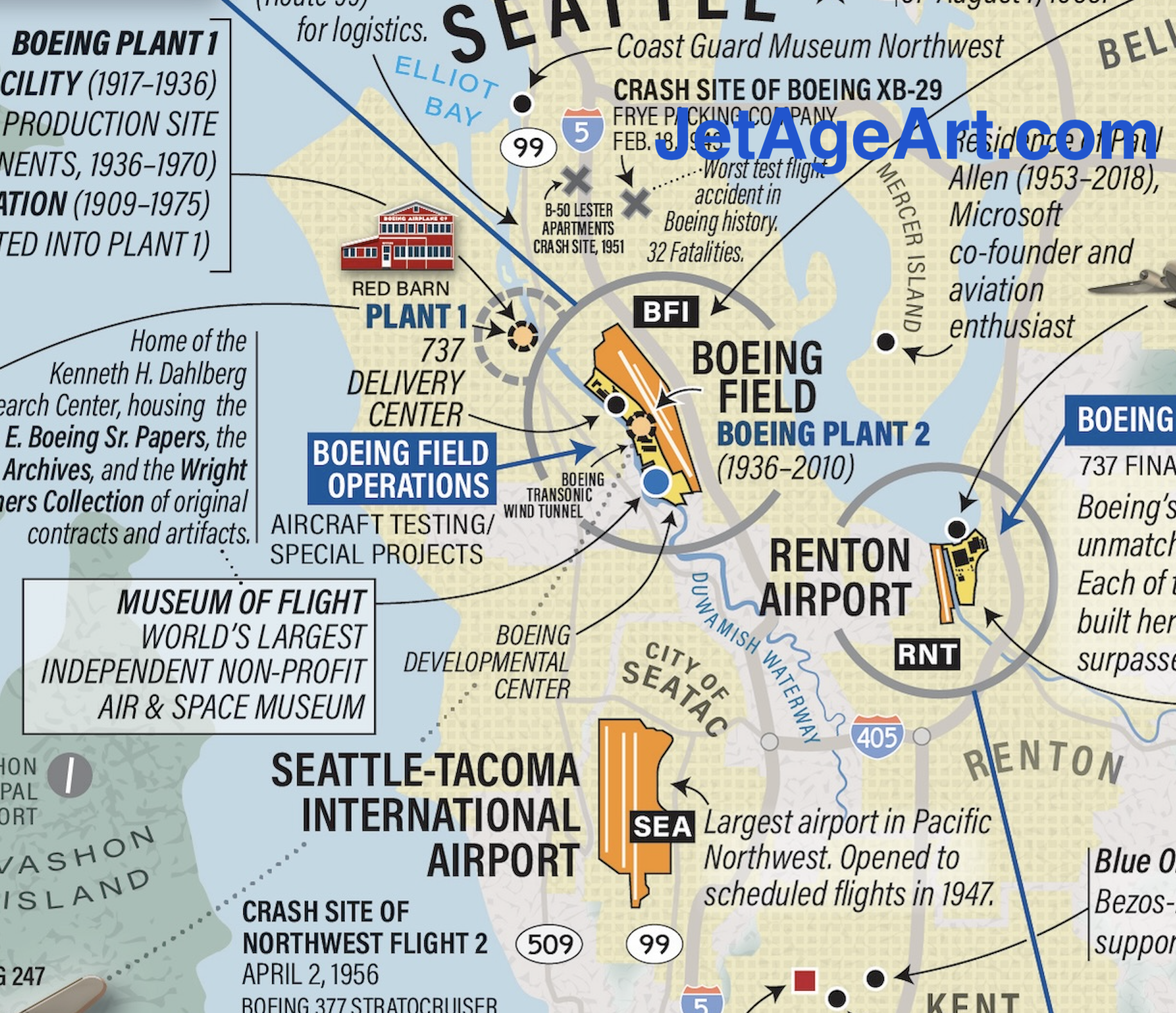 Boeing and Seattle Aviation Landmarks, Events and History Illustrated Map Poster