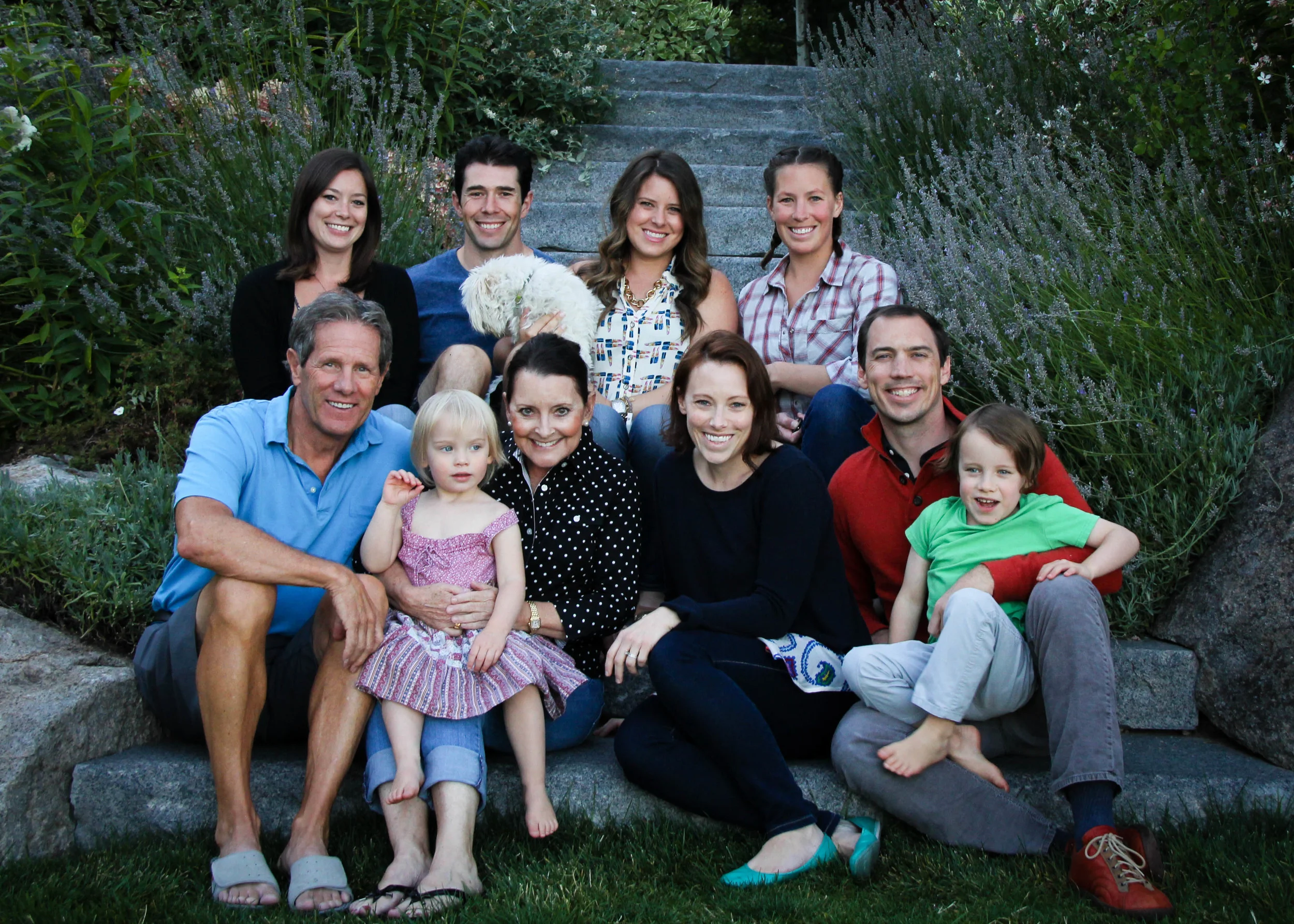 We are The Family Olson Top Row (left to right) - Blythe, Dan (Marissa's husband), Marissa, Kiki. Bottom Row (left to right) - Bruce, Molly J, Ilsa (Molly M's daughter), Molly M, Robb (Molly M's husband), Espen (Molly M's son).