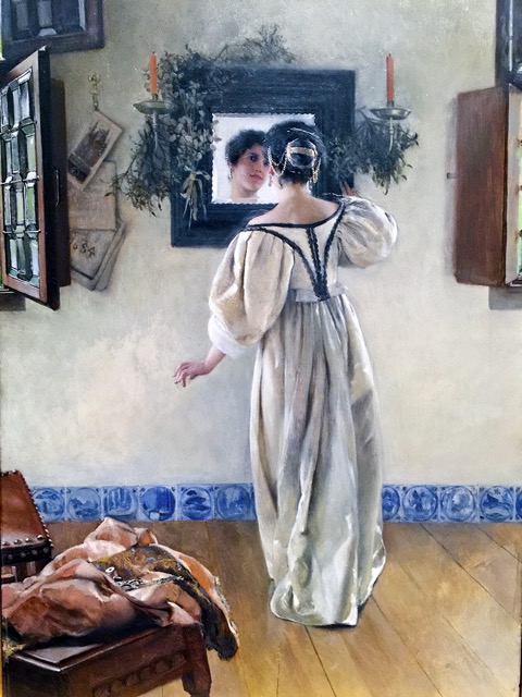 “A Knock at the Door” evocatively depicts a young lady in the timeless process of primping, Currier Museum of Art, Manchester, New Hampshire.