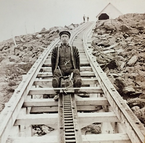 “Devil’s Shingles” hastened the commute downhill for cog railway construction workers –and sometimes hastened their deaths, as it reached speeds over 60 mph, Mt. Washington, New Hampshire.