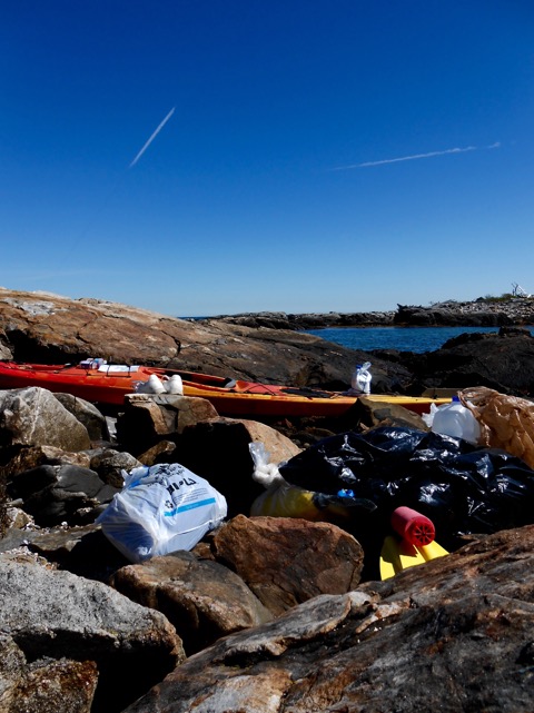 Kayak on Little Griffin having just arrived at high tide with ledge in background.