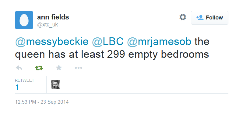 6. ...and here is a near-identical tweet about her having 299 spare bedrooms, tweeted by @xtc_uk two and a half years later.