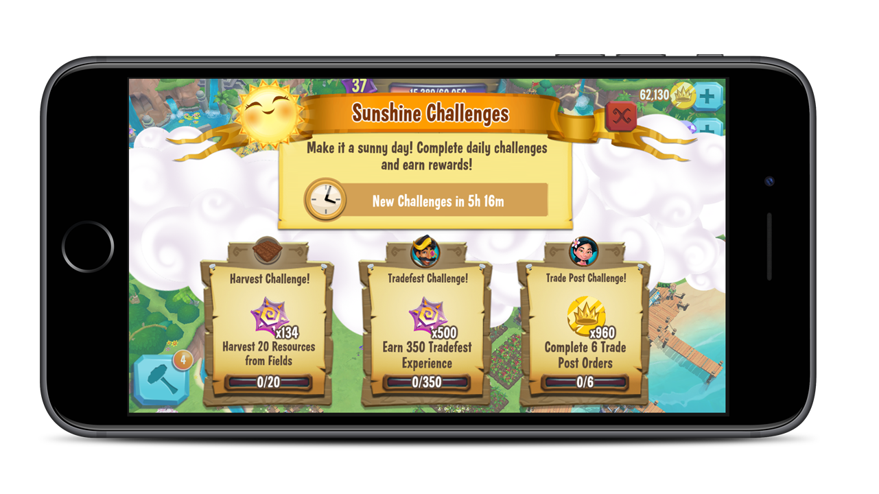 Sunshine Challenges are a daily challenge system that improve short term goals per session and push players towards their next milestone. 