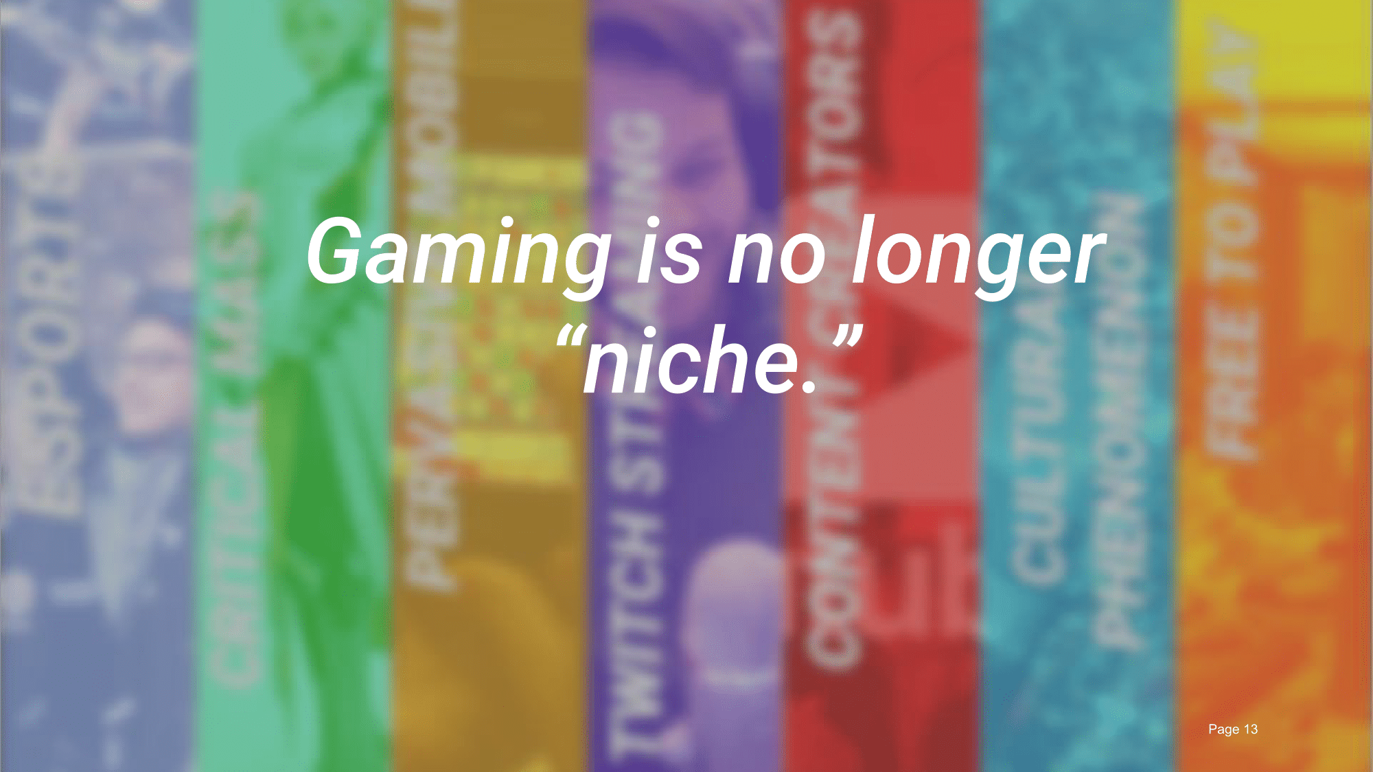 Is that gaming is no longer ‘niche.’ gaming isn’t just about playing a game at home and the game experience is quickly moving in a multi-media direction.
