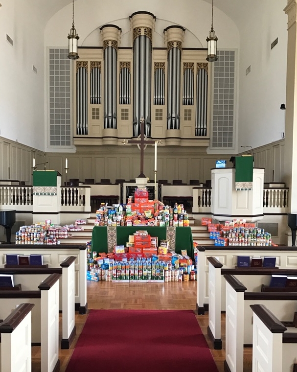 The Sanctuary at FPC Tyler was filled with canned goods collected for the Souper Bowl of Caring.