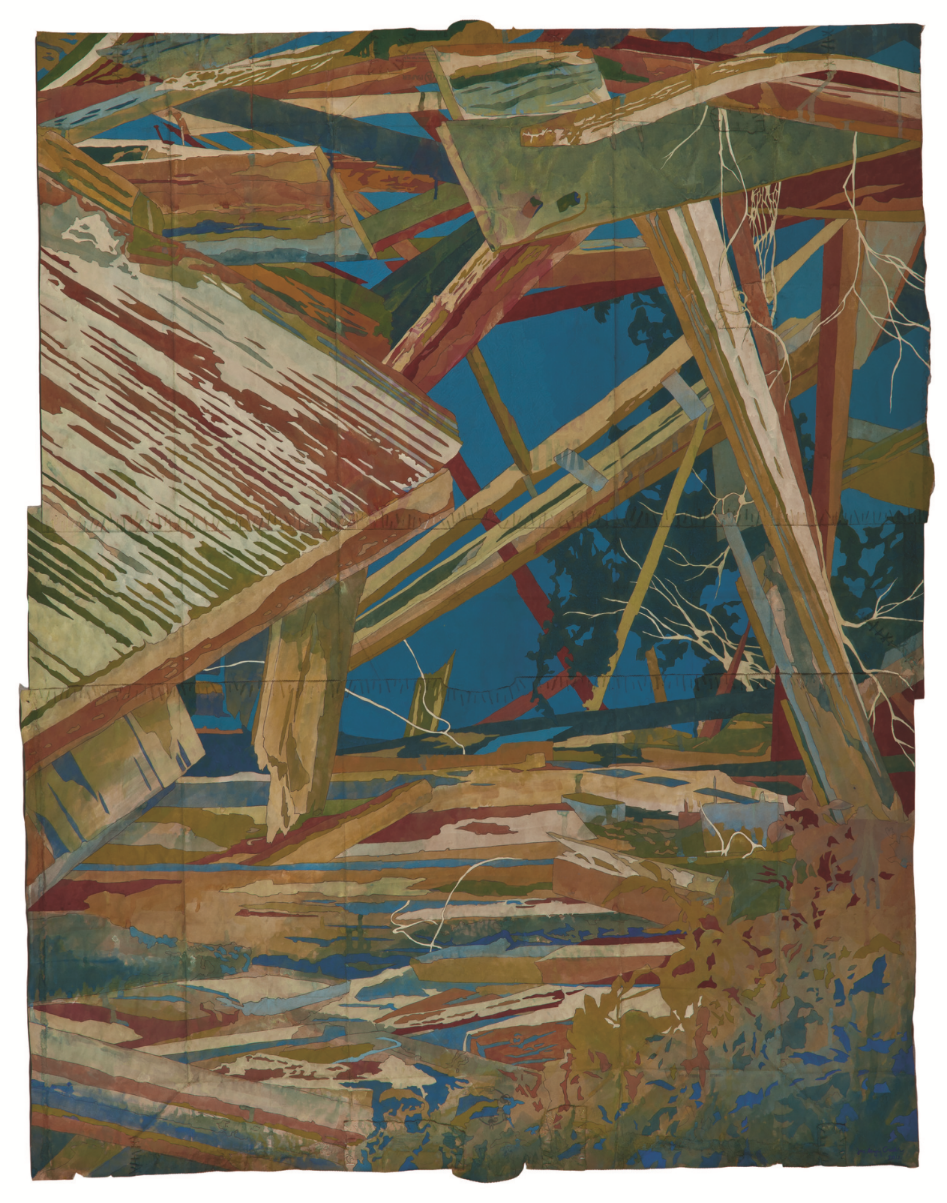 WINDOW IN THE SKY - gouache and thread on found paper