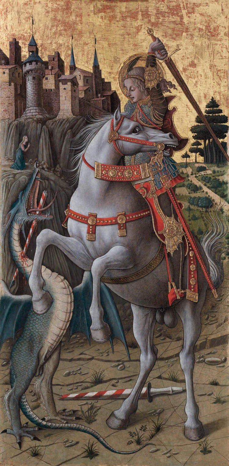Saint George Slaying the Dragon, by Carlo Crivelli, 1470, Tempera, gold and silver on panel. Courtesy of the Isabella Stewart Gardner Museum, Boston.