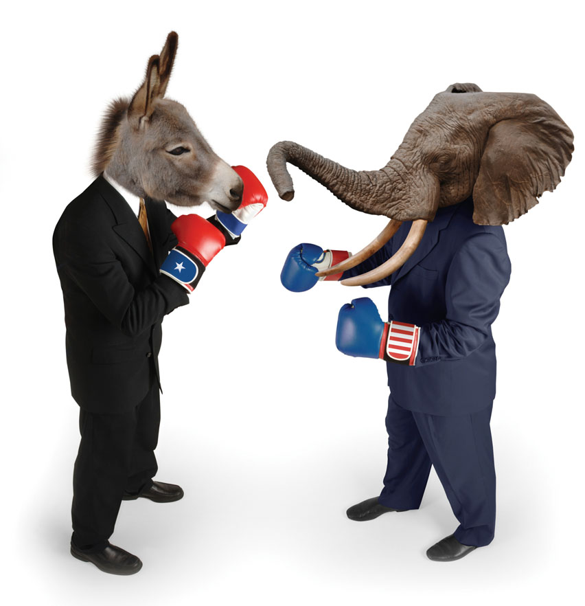 Image of Democratic Donkey vs Republican Elephant, in suits, for Gold Refiners post, Would Gold Prices Rise More Under Democratic or Republican administrations? Credit: jgroup/iStock.