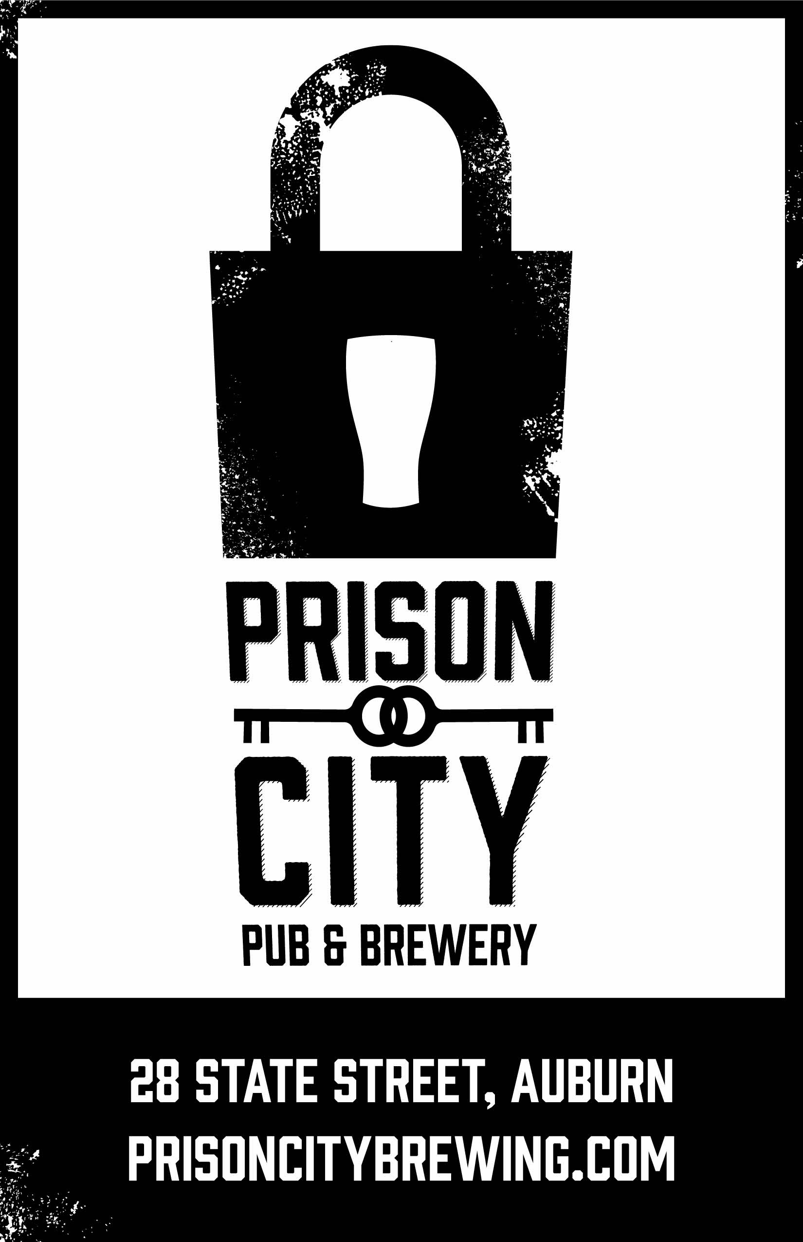 Vertical Ad Layout with Lock and Key Logo stating “28 State St., Auburn. Prisoncitybrewing.com”