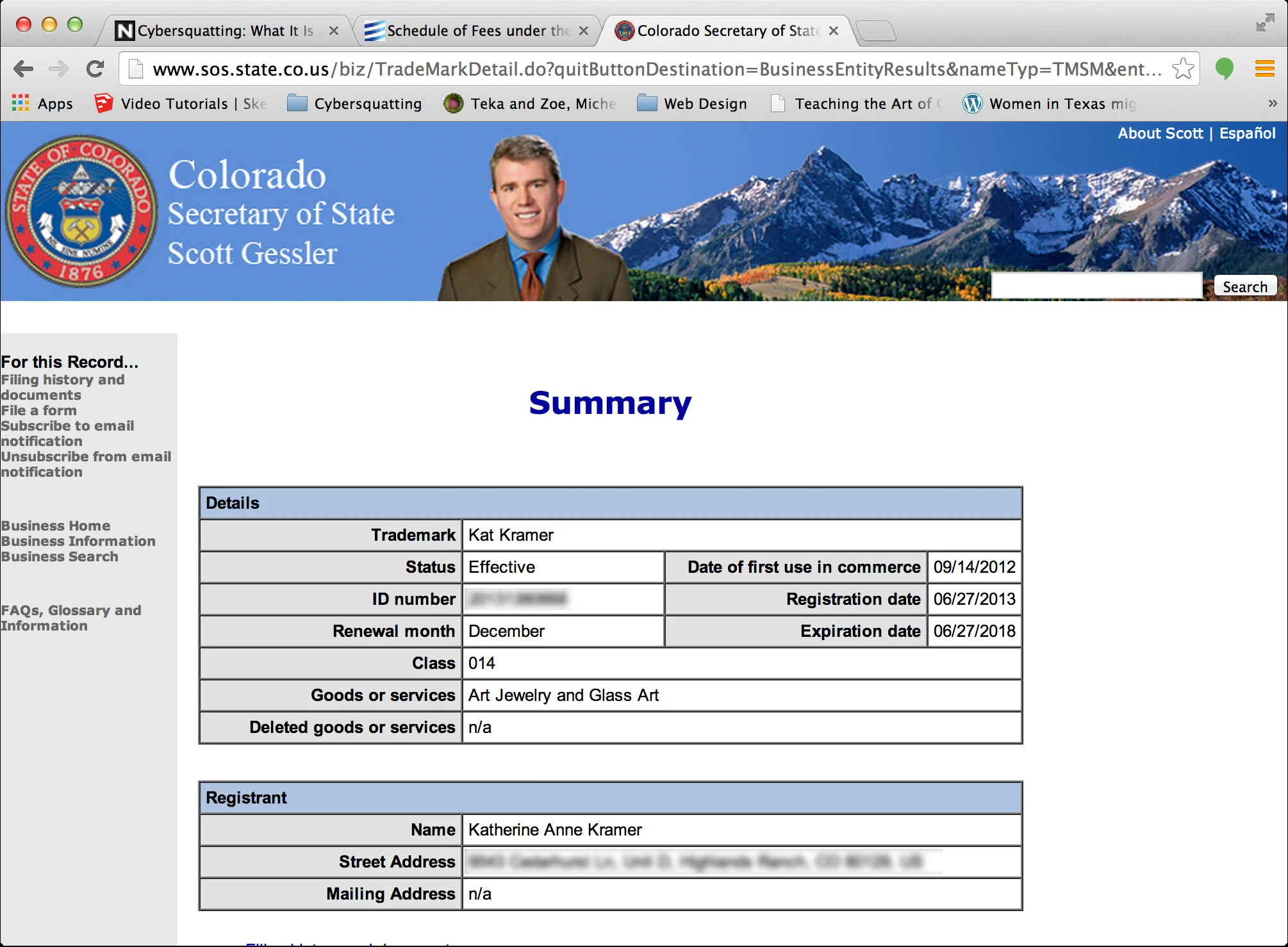My trademark listed on the Colorado Secretary of State website