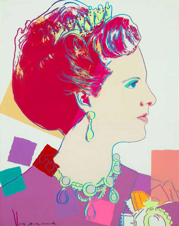 Warhol, “Queen Margrethe II of Denmark (White) from the Reigning Queens Royal Edition with Diamond Dust of 1985″, Screenprint