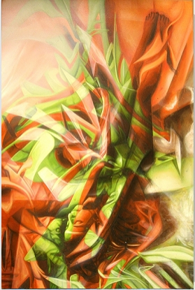 Replete, To Bathe in the Glory of the Basking Angel , 2014. Handpainted with acrylic and spraypaint on canvas.