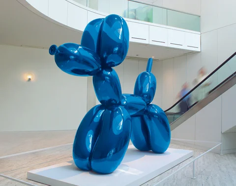 Balloon Dog, mirror-polished stainless steel with transparent color coating, 121 x 143 x 45 inches 5 unique versions (Blue, Magenta, Yellow, Orange, Red)1994-2000