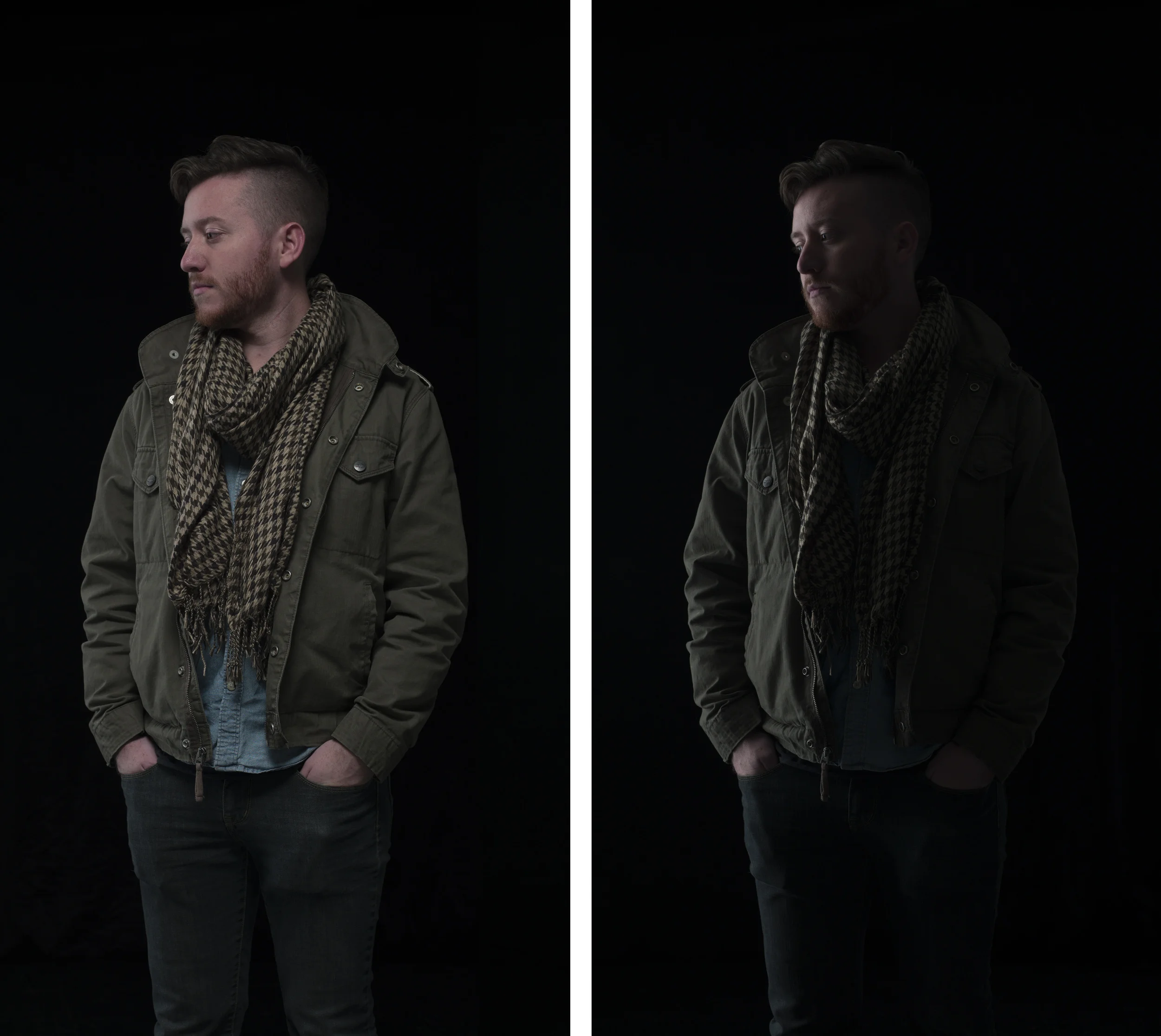 The left image is the very first shot I took, and the right is the second shot taken with just one light on.