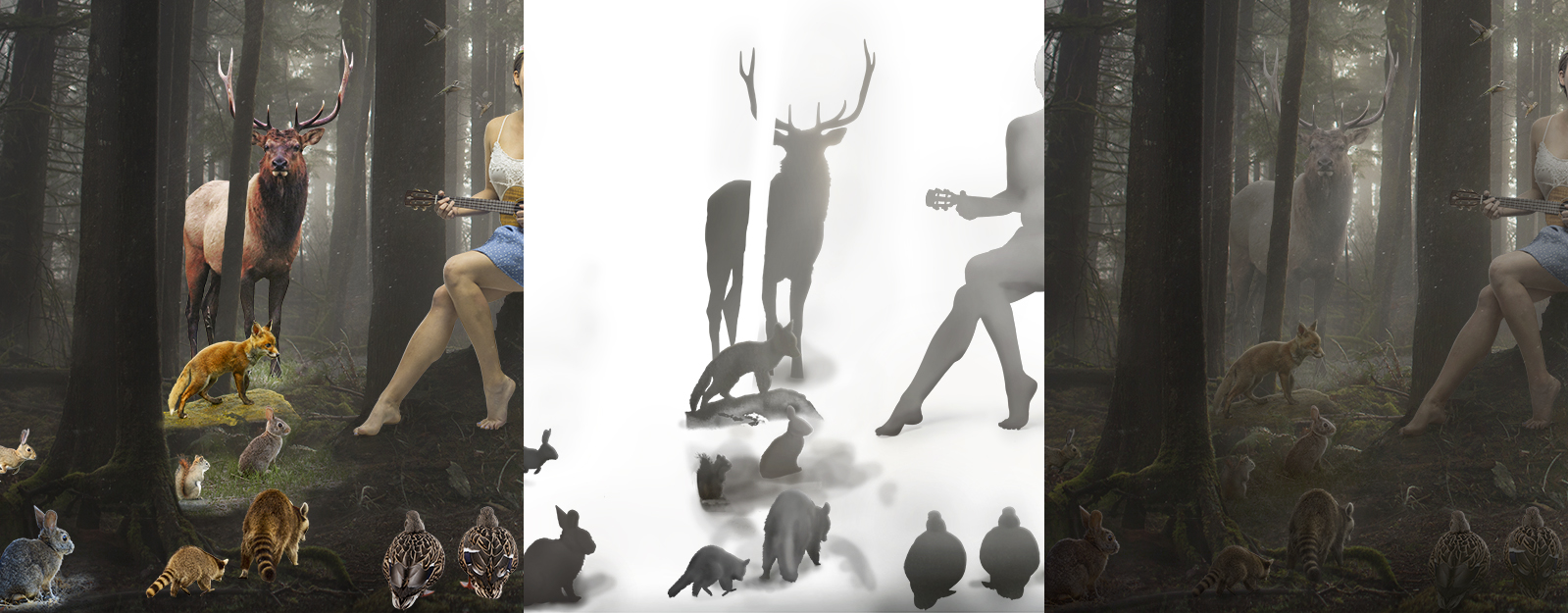 Left : Animals placed not colored Center : Hue/Saturation Brightness/Contrast and Paint layers Right : Animals with adjustments applied