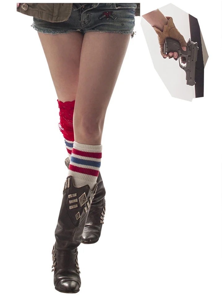 I liked the posture and movement of her body in my main image, but I preferred these crossed legs, and the hand holding the gun from other pictures. (And also, as mentioned above, the face from a different pic as well.)
