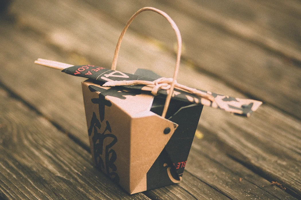 Takeout Box using a Chinese restaurant takeout bag and repurposing it for a takeout box.