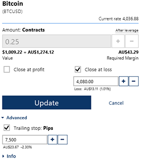 Webtrader screenshot open trade Bitcoin CFD with Stop s