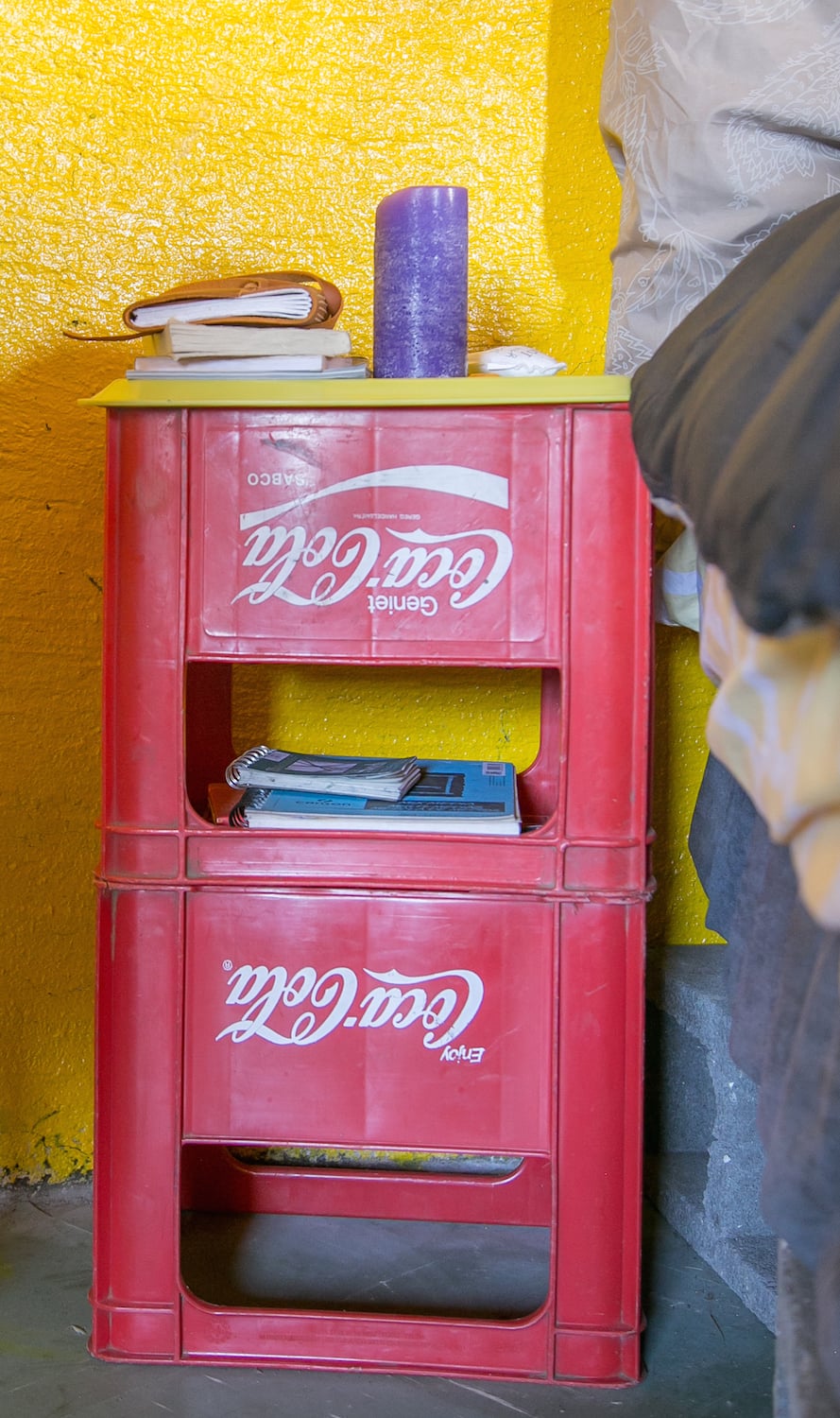 My Nightstand What I Used: Coca cola crates and an upside down tray! Cost: $0