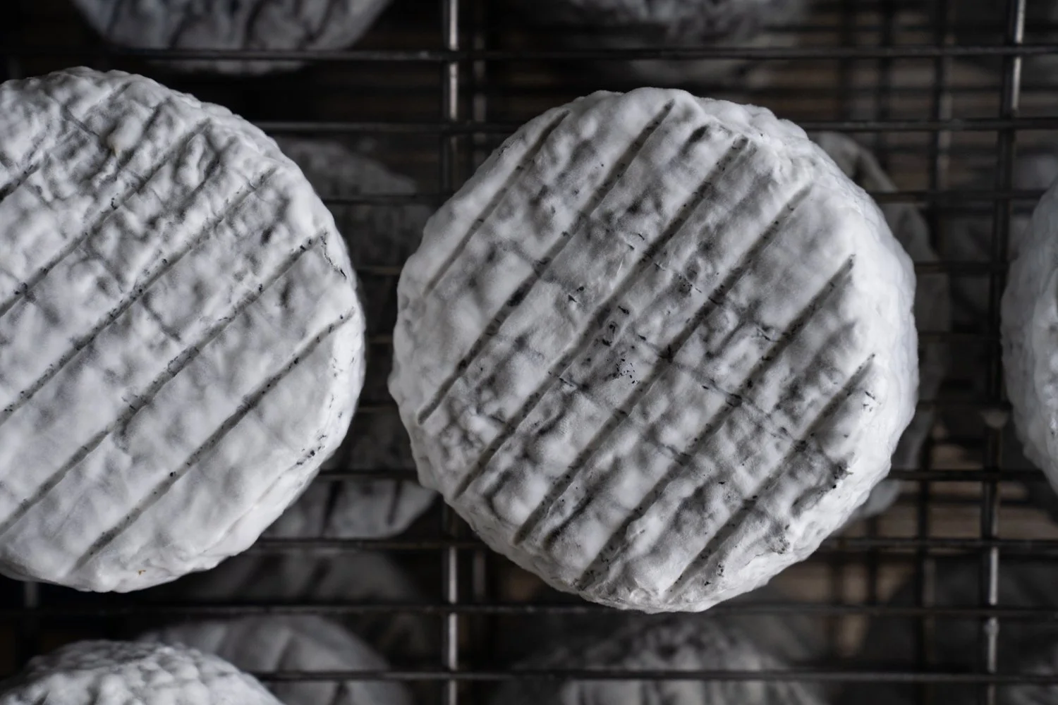 Wheel of Witchgrass cheese on a wood-fired grill, showing char marks from grilling, Valley Milkhouse CreameryZS_ValleyMilkhouse_070.jpg