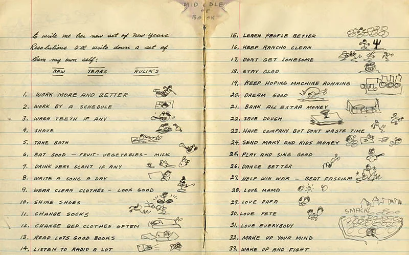 explore-blog:
"Dream good… Stay glad… Keep hoping machine running."
Happy birthday, Woody Guthrie! Celebrate with his enormously endearing 1942 New Year’s Resolution list.
"Keep hoping machine running."