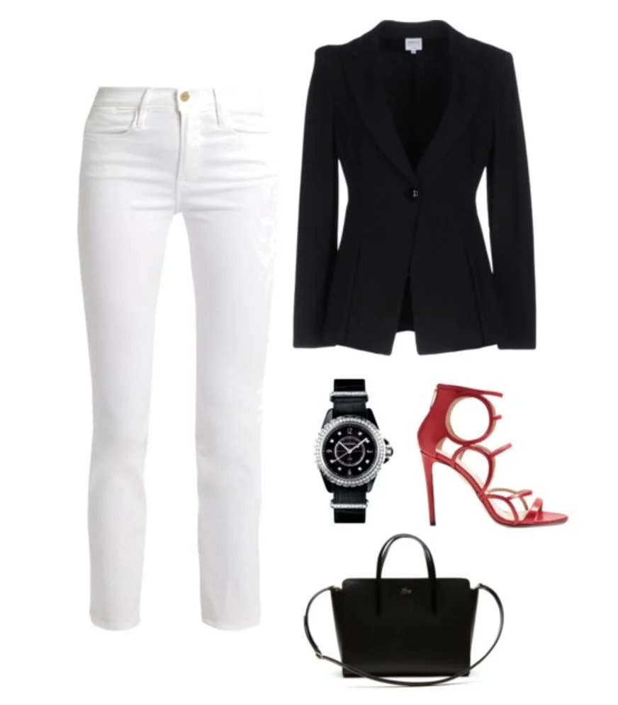 Black blazer with white jeans.JPG