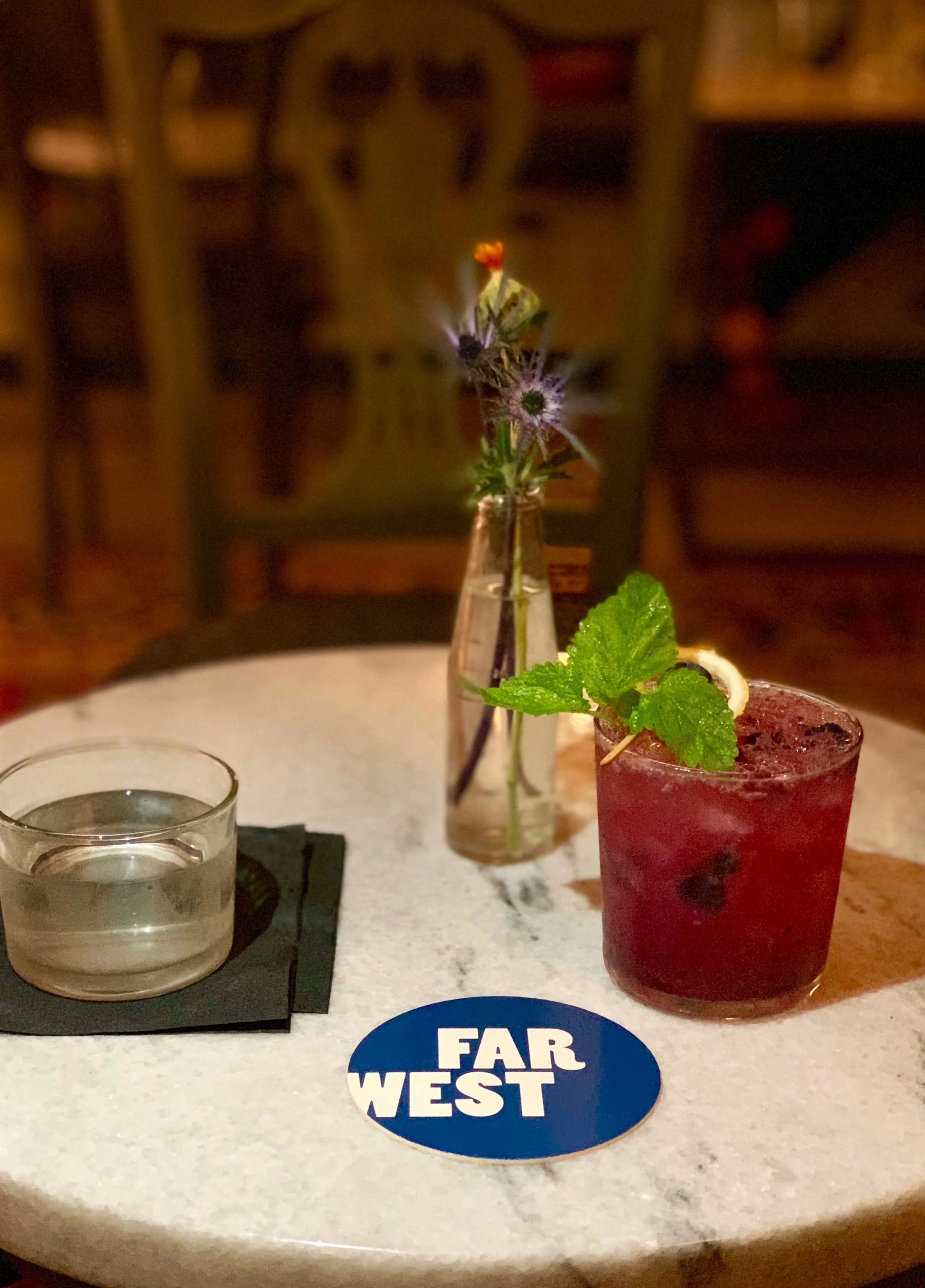 The Little Blue Men cocktail (with vodka, blueberry jam, lavender bitter) from last night at the Far West