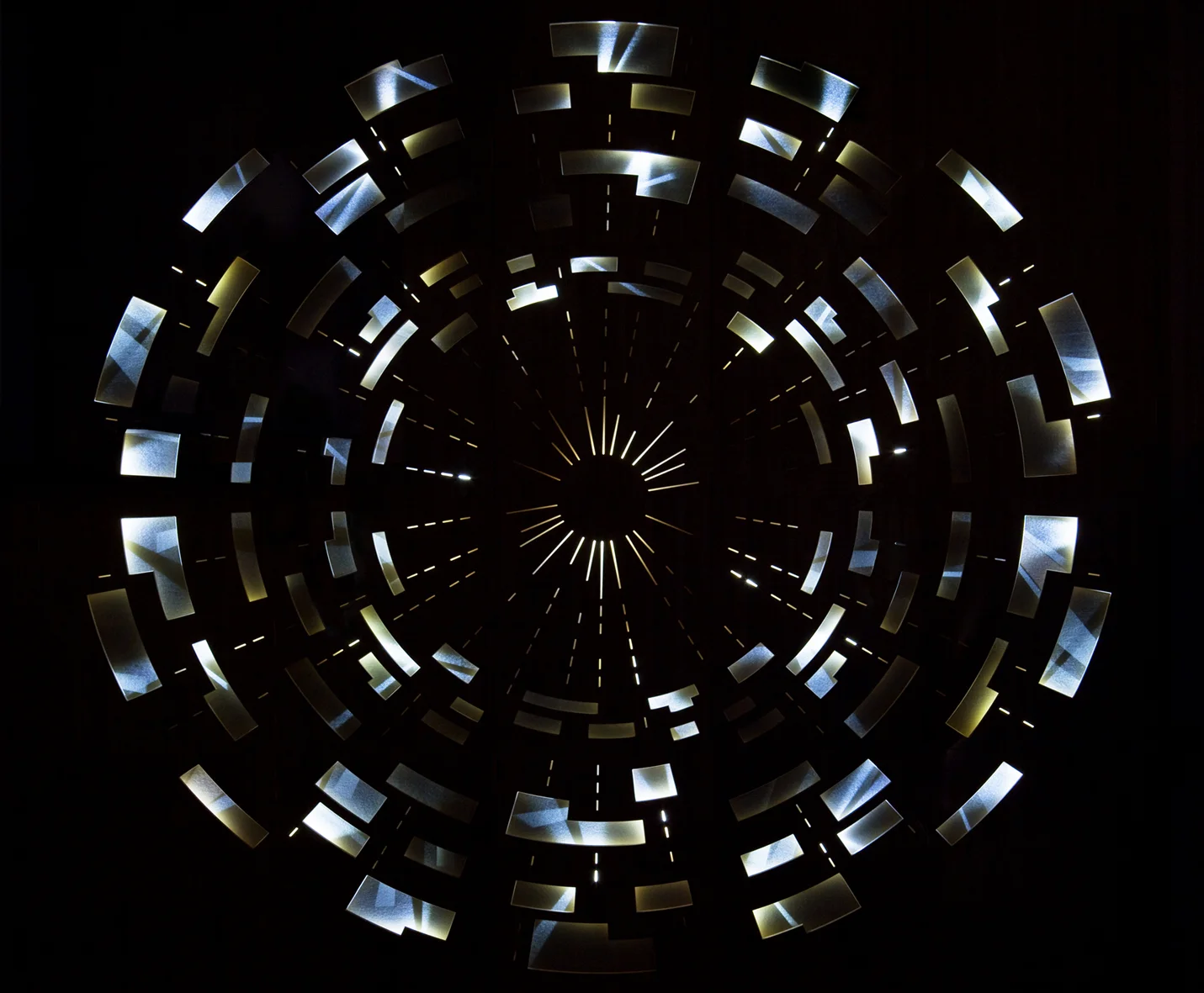 Ilona Rista: COLLISION , 2011, CERN, the European Organization for Nuclear Research, in Geneva, Switzerland. Birch, LED-light, mirrors