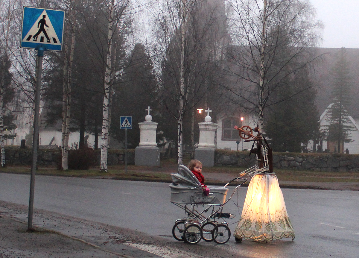 Pekka and Teija Isorättyä, Vintage Nanny , 2012. Electro-mechanical sculpture, stroller, spinning wheel, car electronics, hand drill, metal, 180 x 200 x 50 cm.
