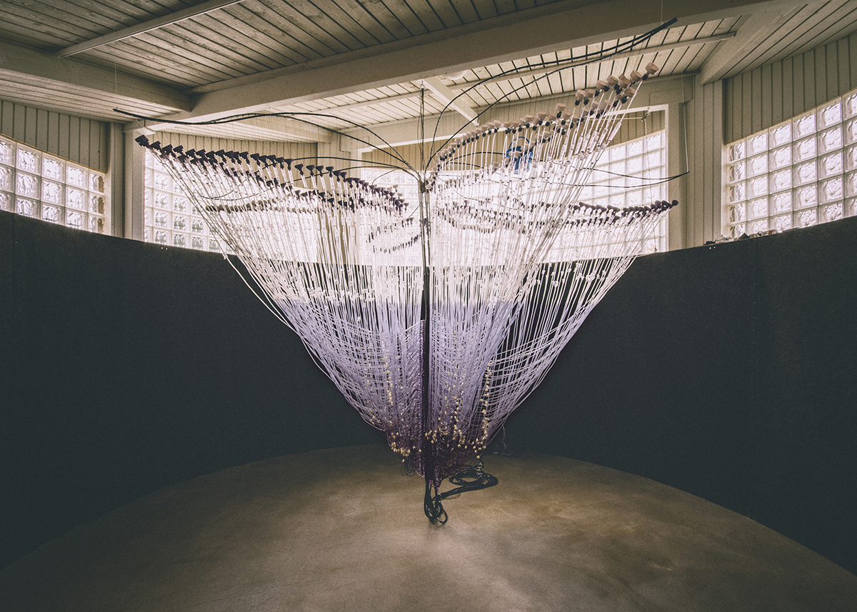 Pekka and Teija Isorättyä, Lilyjellynight , 2016. Electro-mechanical installation, infusion tubes, tubes, water pump, iron, hydrostatic pressure, 400 x 500 x 500 cm. Image courtesy of Marko Marin.