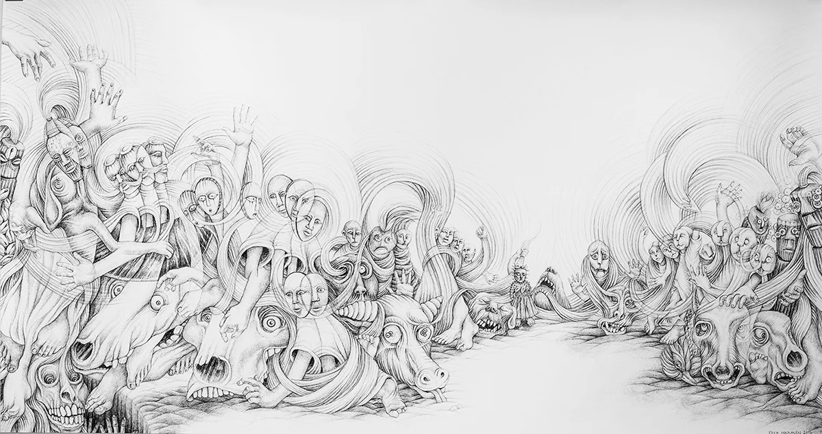 Eeva Honkanen, Facing Fears , 2016. Ink drawing, 240 x 120 cm.