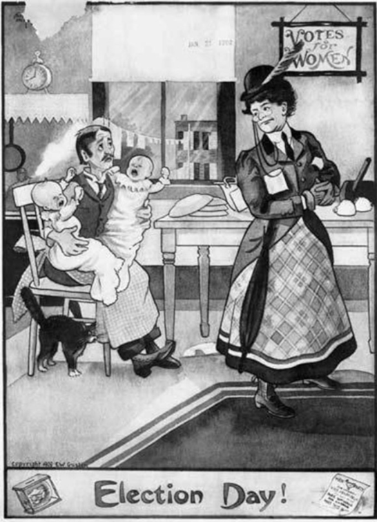 Anti-suffrage cartoon showing the fear that the tables may be turned if women got the right to vote