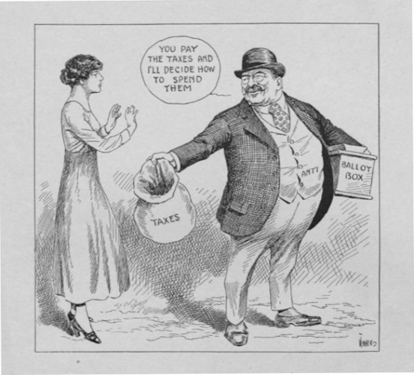 Cartoon showing taxation without representation for women before suffrage