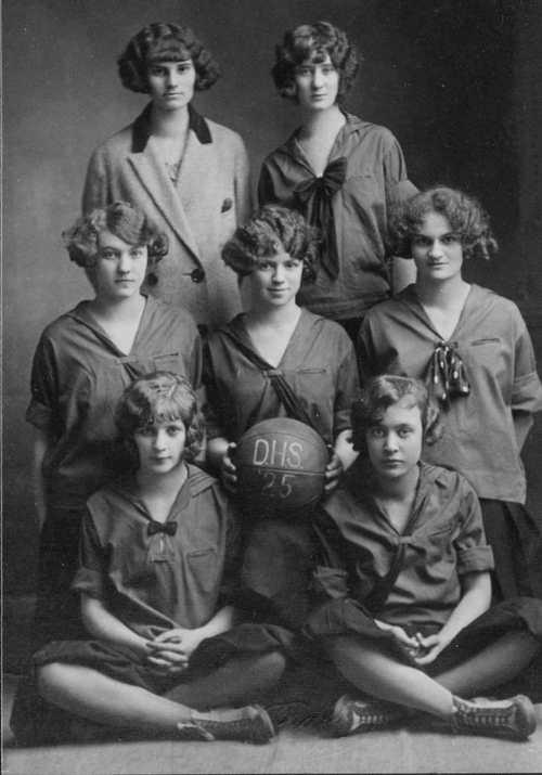  Delano High School girls freshman basketball team, 1925: Marion Klossner (coach), Misley Hielman, Signs Overby, Ella Baur, Isabel Horsch, Arnella Cramer, Esther Keplinger 
