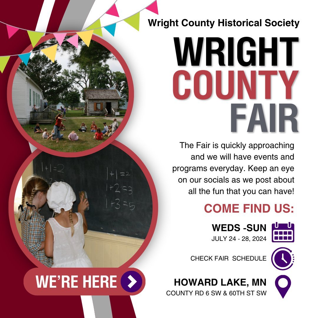 Can't wait for the @wrightcountyfair! We're working on creating events and programs for everyone that comes to visit. Keep an eye on our Socials and online Calendar for specific details as they come out. Hope to see you there!

 #wrightcountyhistoric