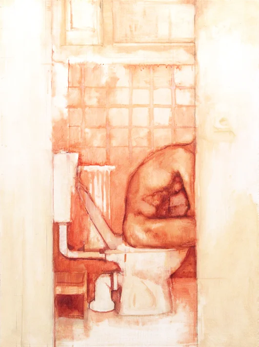 Basl auf Toilette. Oil on wood, 46 x 61 cm, 2017