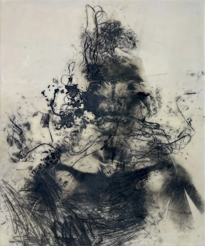 Marked Self. Encaustic collage on cradled wood, 24 × 20 in, 2025