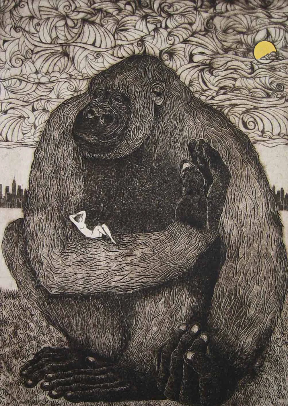 King Kong and Fay Wray , Bonnie Burkee, 16" x 11.25", intaglio and gold leaf