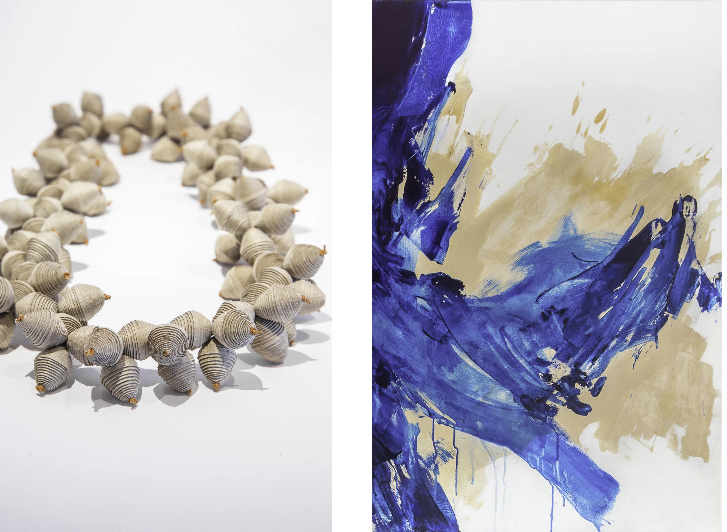 Kiff Slemmons, paper necklace :: Katie Pumphrey, detail of Hold Your Breath #2 , acryllic on canvas