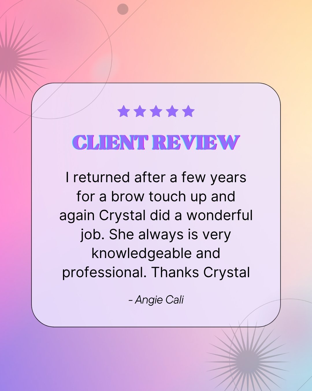 We&rsquo;re so grateful for our returning clients like Angie! 💕 Thank you for trusting Crystal once again with your brows&mdash;it&rsquo;s always such a joy to see familiar faces come back for a refresh. Your continued support means the world to us!