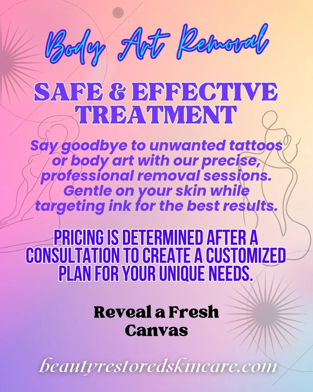 ✨ Say goodbye to unwanted ink and hello to fresh skin! Our body art removal sessions are safe, effective, and gentle on your skin while precisely targeting tattoos for the best results. 💫

Pricing is determined after a consultation to ensure the bes